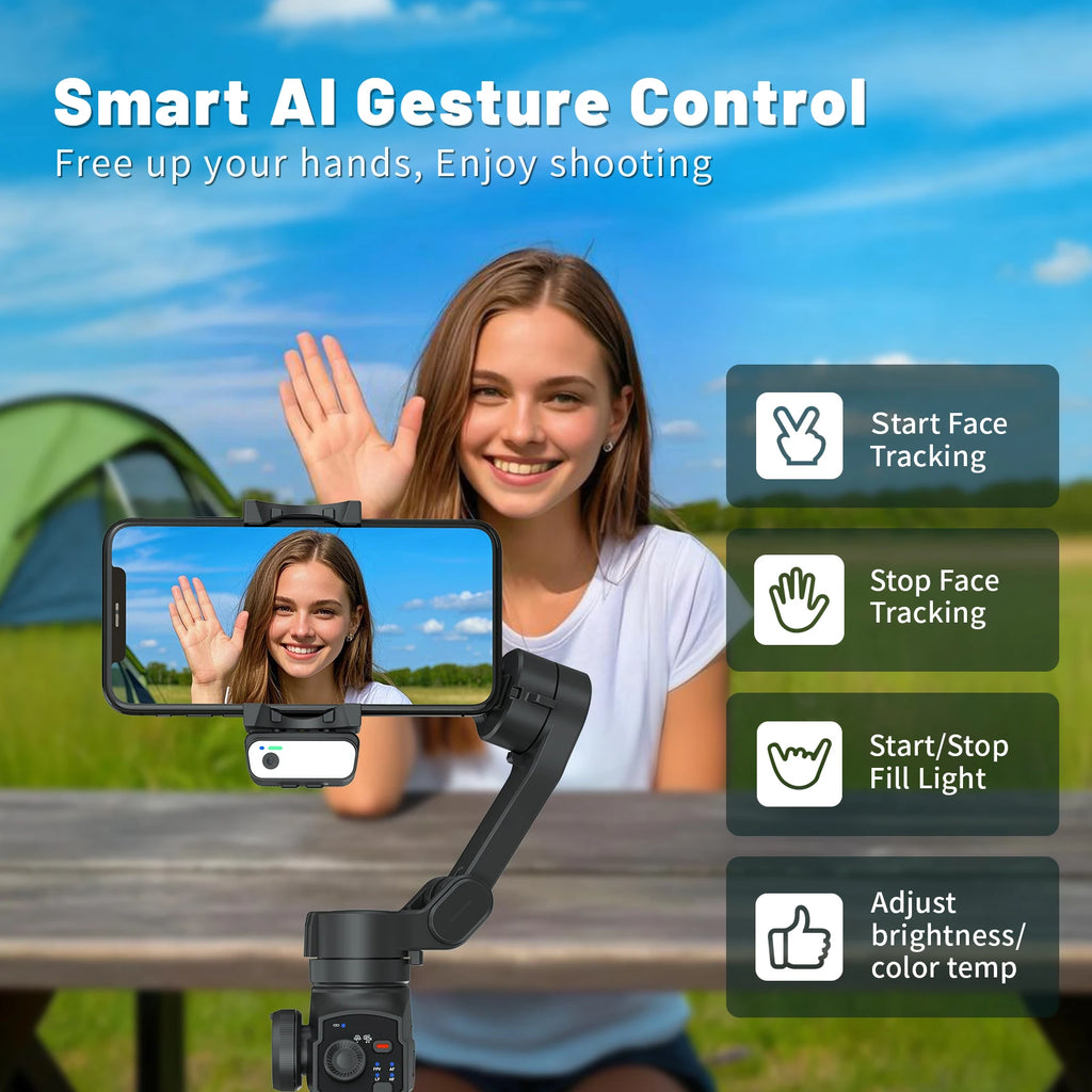 3-Axis Gimbal for Smartphone Anti-shake Stabilizer Face Tracking Gesture Control with Fill Light for iPhone Android Tiktok Vlog