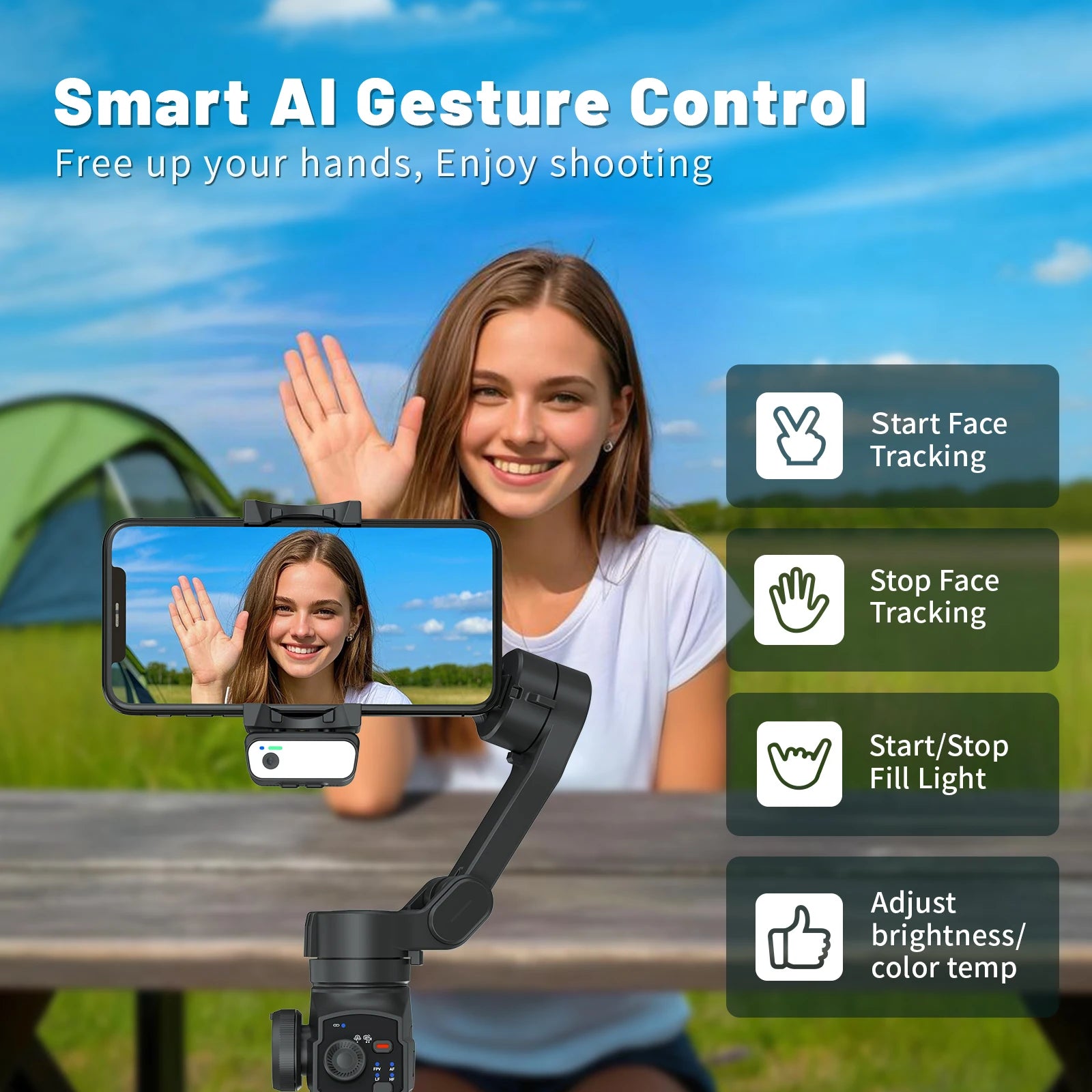 3-Axis Gimbal for Smartphone Anti-shake Stabilizer Face Tracking Gesture Control with Fill Light for iPhone Android Tiktok Vlog