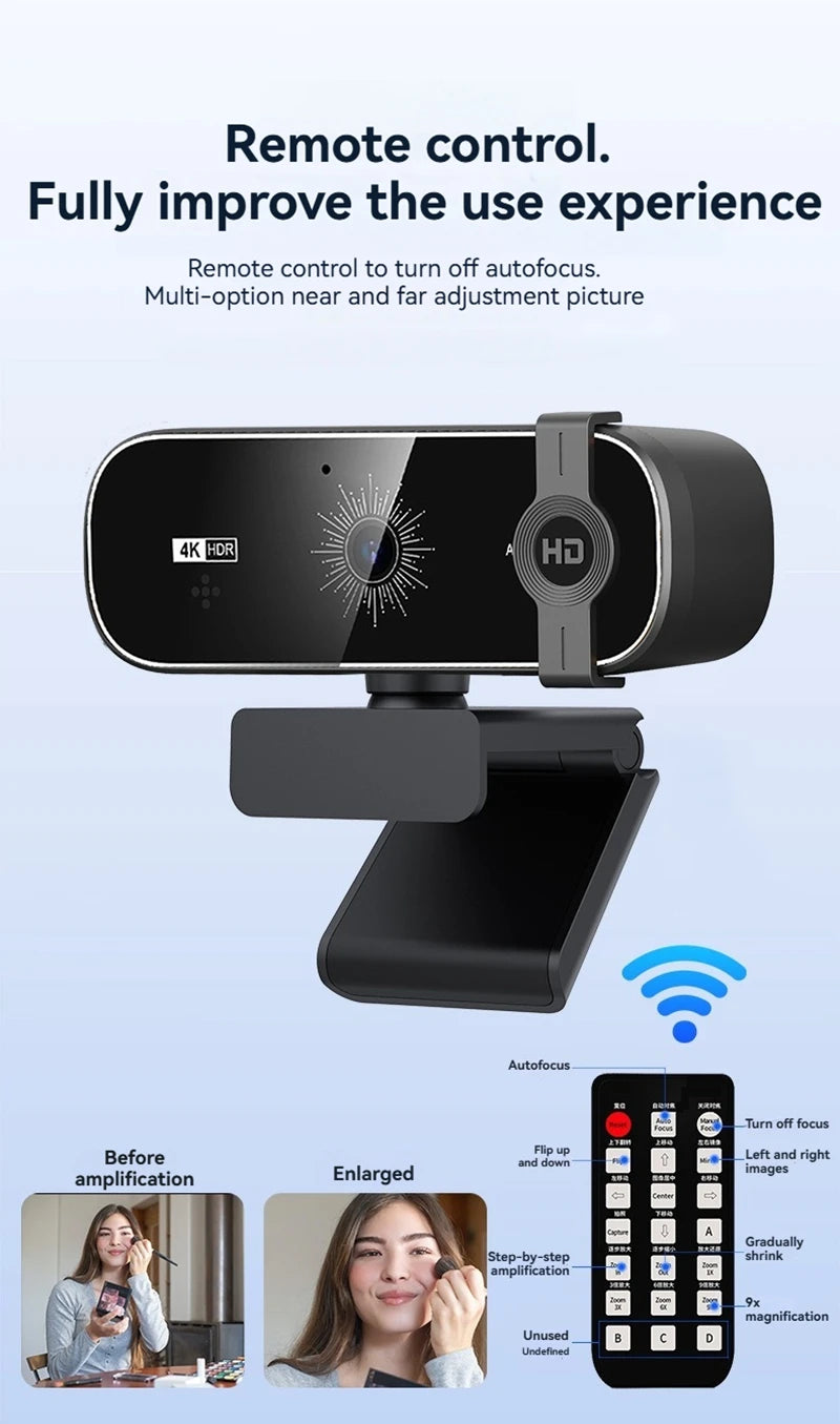 4K Webcam For PC Auto-Zoom,with Remote Control,Privacy Cover Webcam With Microphone Plug & Play For Laptop/Desktop,Video Calling