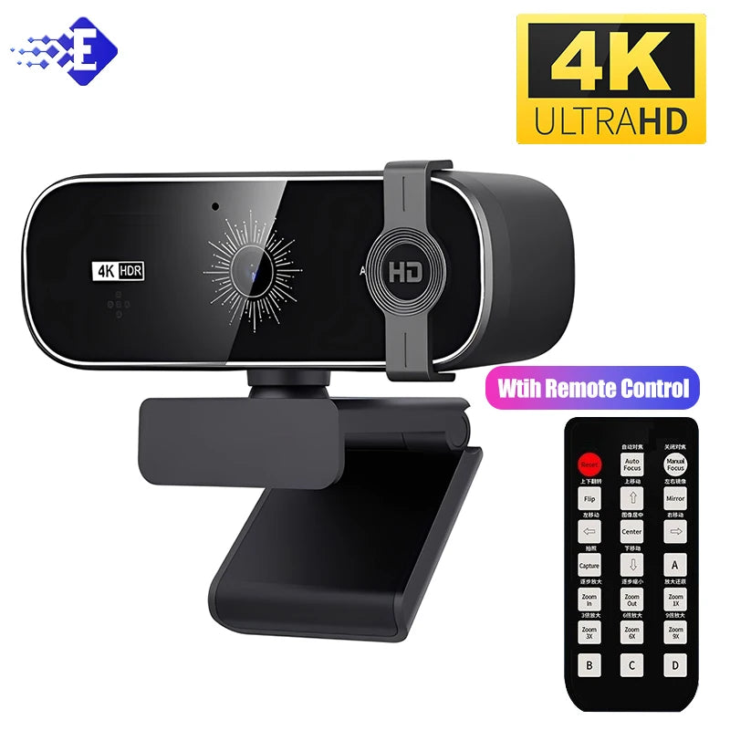 4K Webcam For PC Auto-Zoom,with Remote Control,Privacy Cover Webcam With Microphone Plug & Play For Laptop/Desktop,Video Calling
