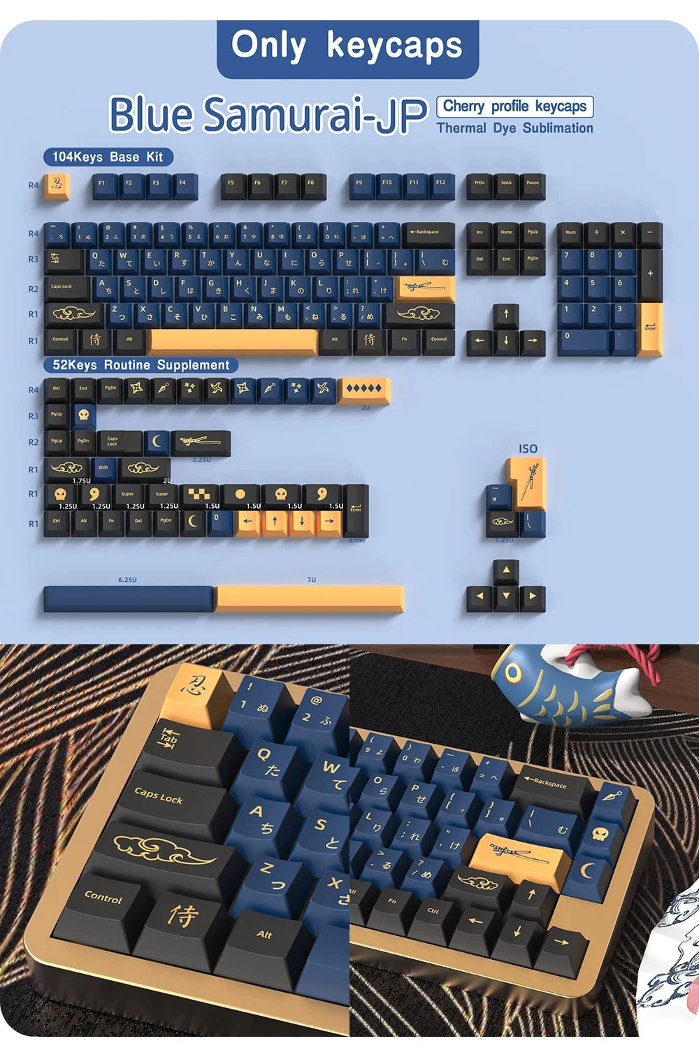 KYOMOT Blue/Red Samurai Japanese/Korean/German/Spanish/French PBT Keycaps ISO Layout Cherry Profile for Game Mechanical Keyboard