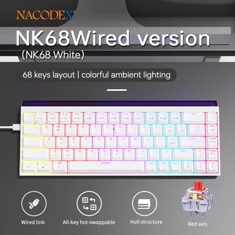 NK68 Side Engraved Contour Wired Mixed Light Mechanical Keyboard Full Keys Hot Swappable