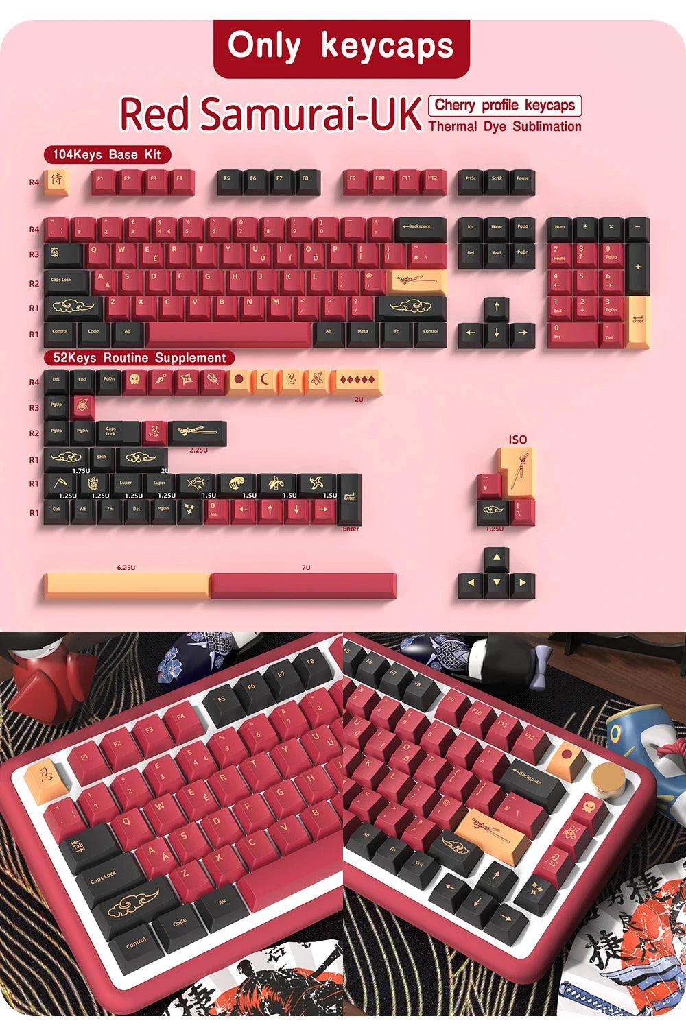 KYOMOT Blue/Red Samurai Japanese/Korean/German/Spanish/French PBT Keycaps ISO Layout Cherry Profile for Game Mechanical Keyboard