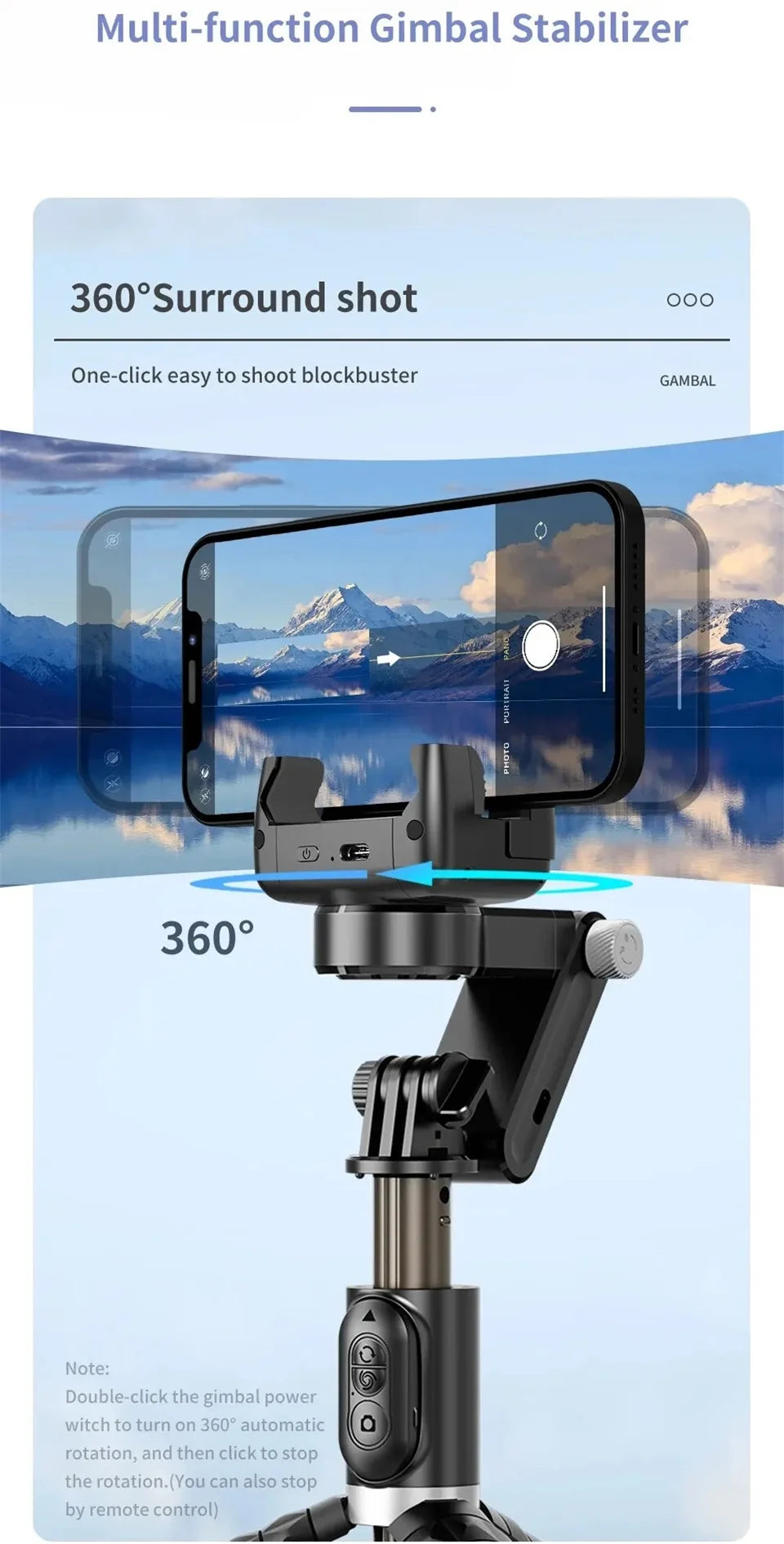 FANGTUOSI 360 Rotation Gimbal,Selfie Stick Tripod With Shutter Fill Light Following Shooting,Stabilizer for Smartphone Live/Vlog
