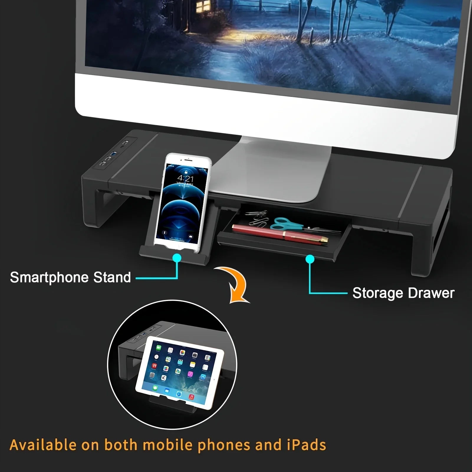 Monitor Stand Riser, With Foldable, Height Adjustable Computer Stand, Desk Shelf Riser with Storage Drawer &Tablet Phone