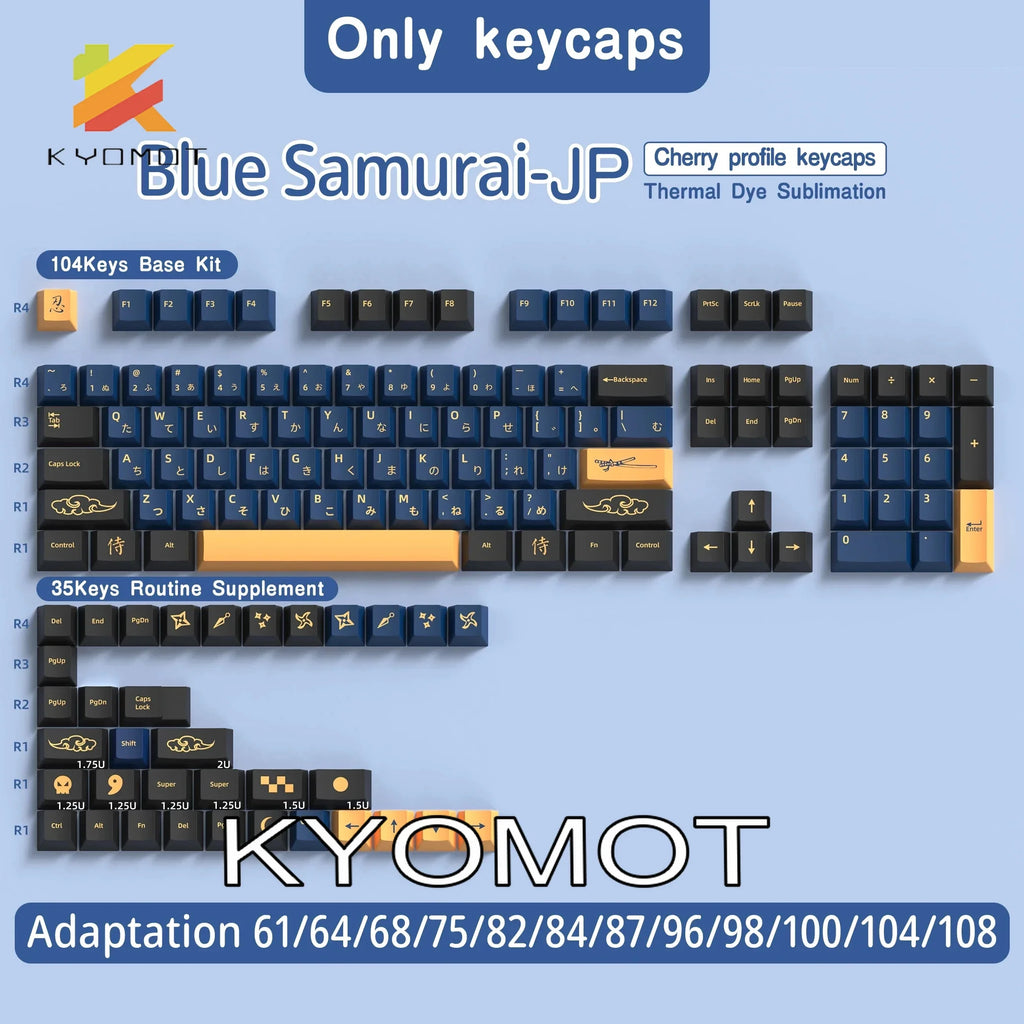 KYOMOT Blue/Red Samurai Japanese/Korean/German/Spanish/French PBT Keycaps ISO Layout Cherry Profile for Game Mechanical Keyboard