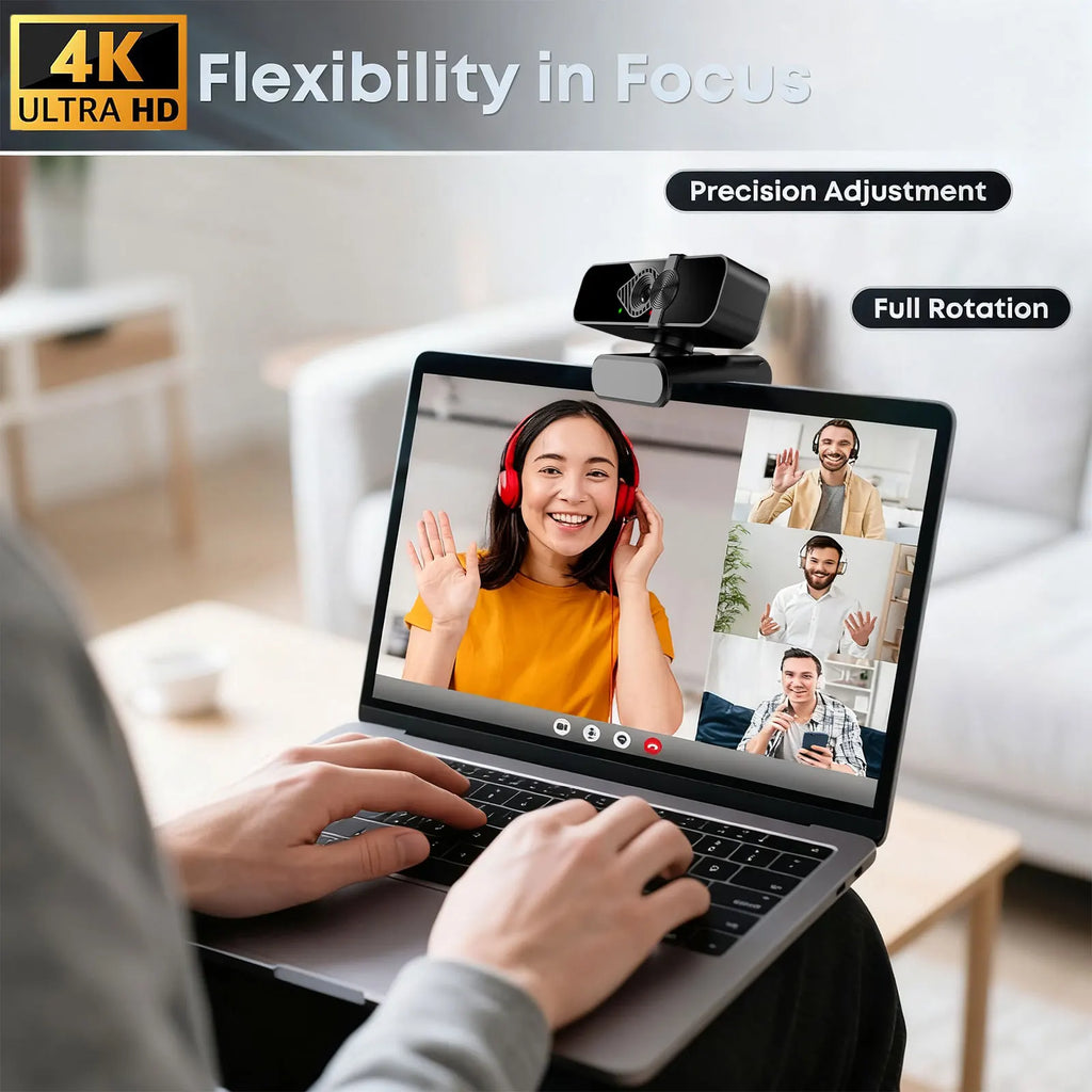 Webcam 4K with Microphone and Webcam Cover Plug and Play with Auto Light Correction Live Streaming Video Call Conference Online