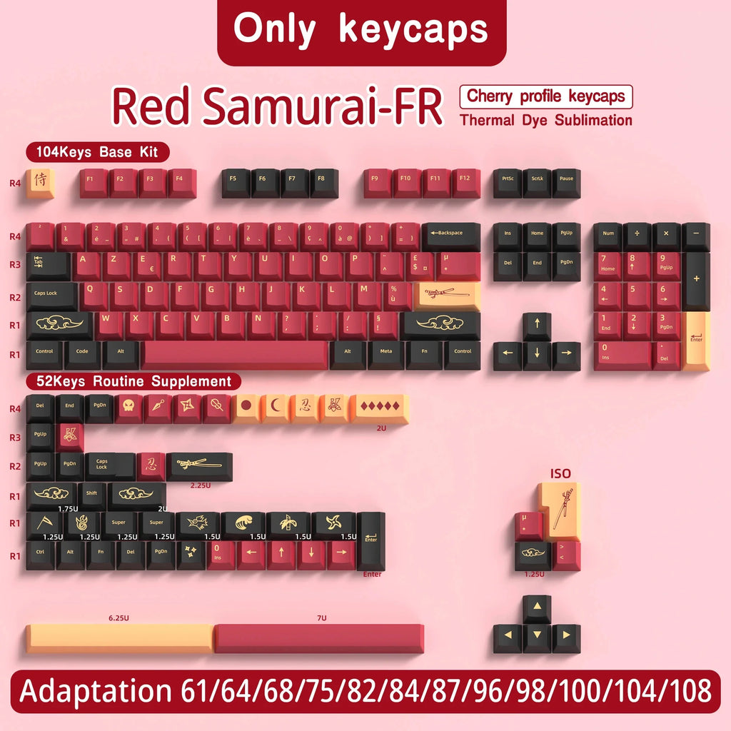 KYOMOT Blue/Red Samurai Japanese/Korean/German/Spanish/French PBT Keycaps ISO Layout Cherry Profile for Game Mechanical Keyboard