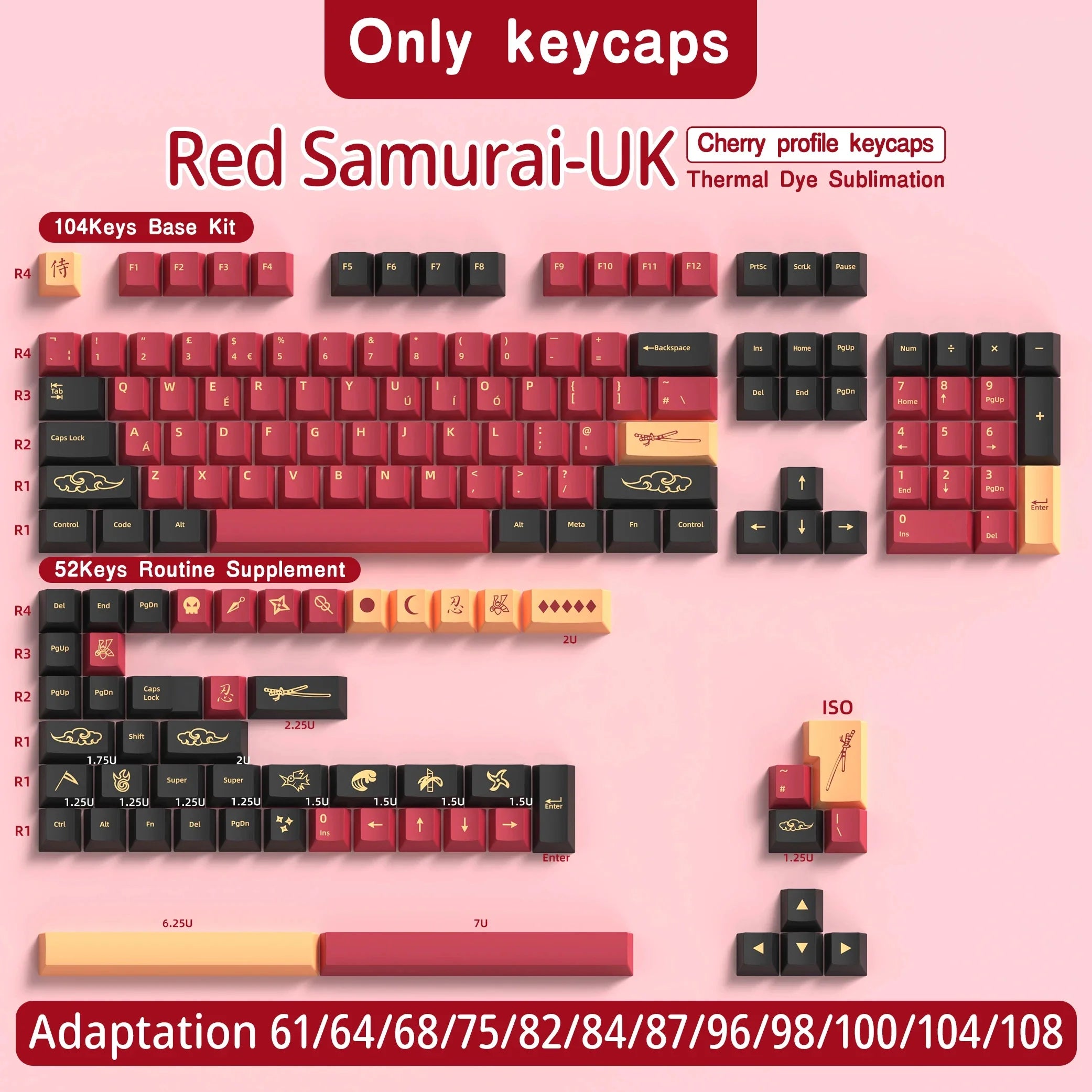 KYOMOT Blue/Red Samurai Japanese/Korean/German/Spanish/French PBT Keycaps ISO Layout Cherry Profile for Game Mechanical Keyboard