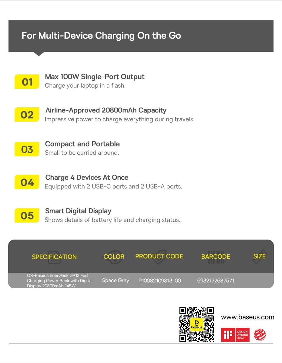 Baseus Power Bank 145W 20800mAh PD 100W Fast Charging  with Smart Digital Display Portable External PowerBank for Laptop Phone