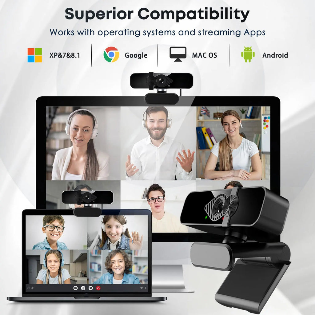 Webcam 4K with Microphone and Webcam Cover Plug and Play with Auto Light Correction Live Streaming Video Call Conference Online