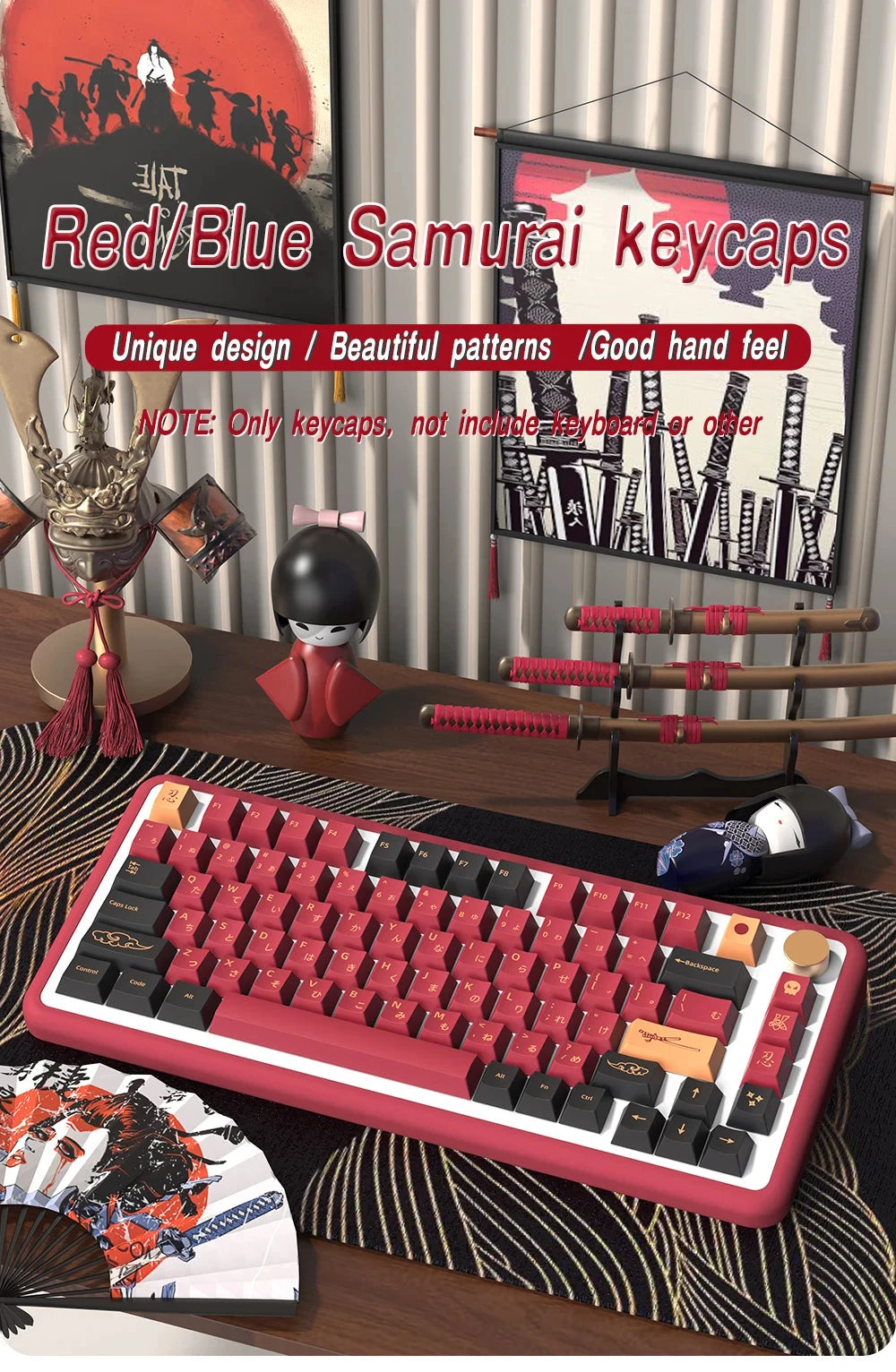 KYOMOT Blue/Red Samurai Japanese/Korean/German/Spanish/French PBT Keycaps ISO Layout Cherry Profile for Game Mechanical Keyboard