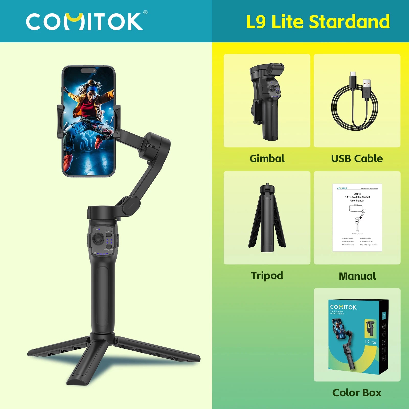 3-Axis Gimbal for Smartphone Anti-shake Stabilizer Face Tracking Gesture Control with Fill Light for iPhone Android Tiktok Vlog