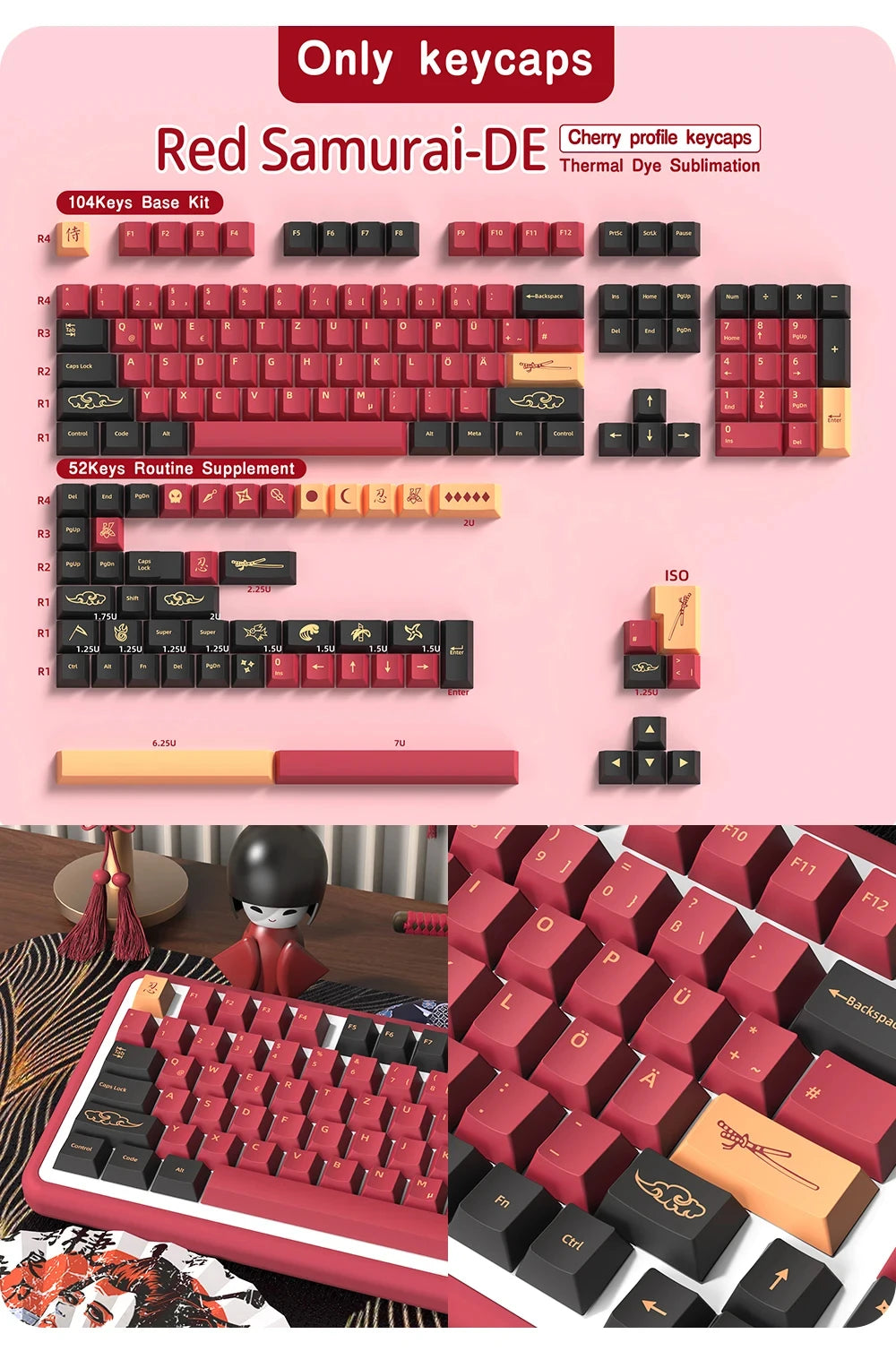 KYOMOT Blue/Red Samurai Japanese/Korean/German/Spanish/French PBT Keycaps ISO Layout Cherry Profile for Game Mechanical Keyboard