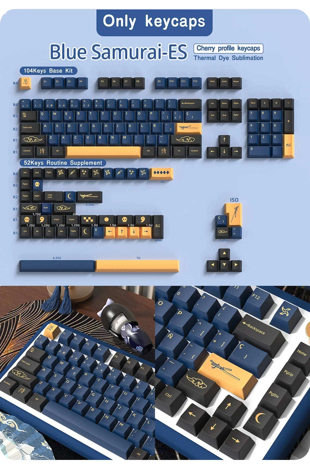 KYOMOT Blue/Red Samurai Japanese/Korean/German/Spanish/French PBT Keycaps ISO Layout Cherry Profile for Game Mechanical Keyboard
