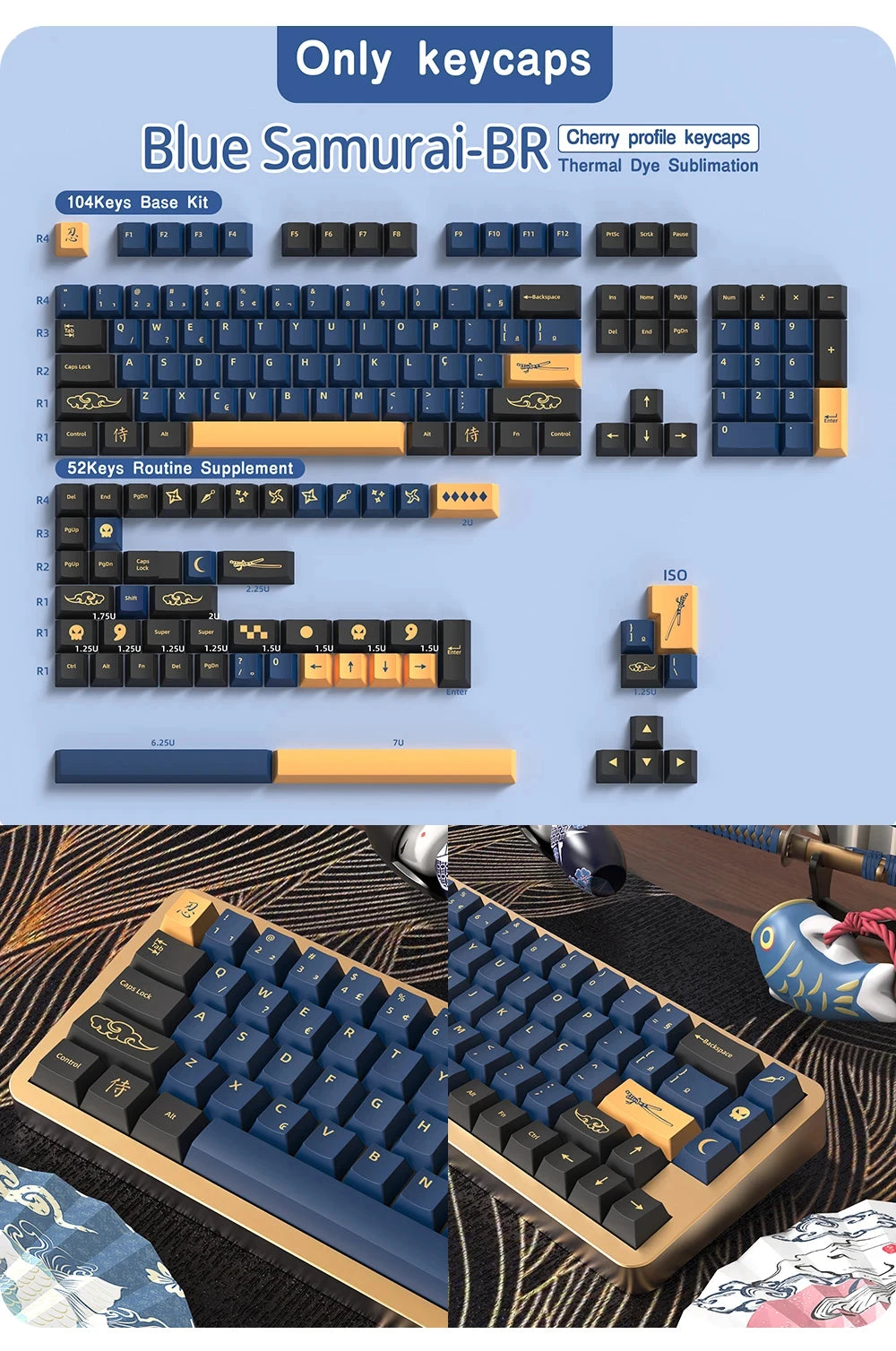 KYOMOT Blue/Red Samurai Japanese/Korean/German/Spanish/French PBT Keycaps ISO Layout Cherry Profile for Game Mechanical Keyboard
