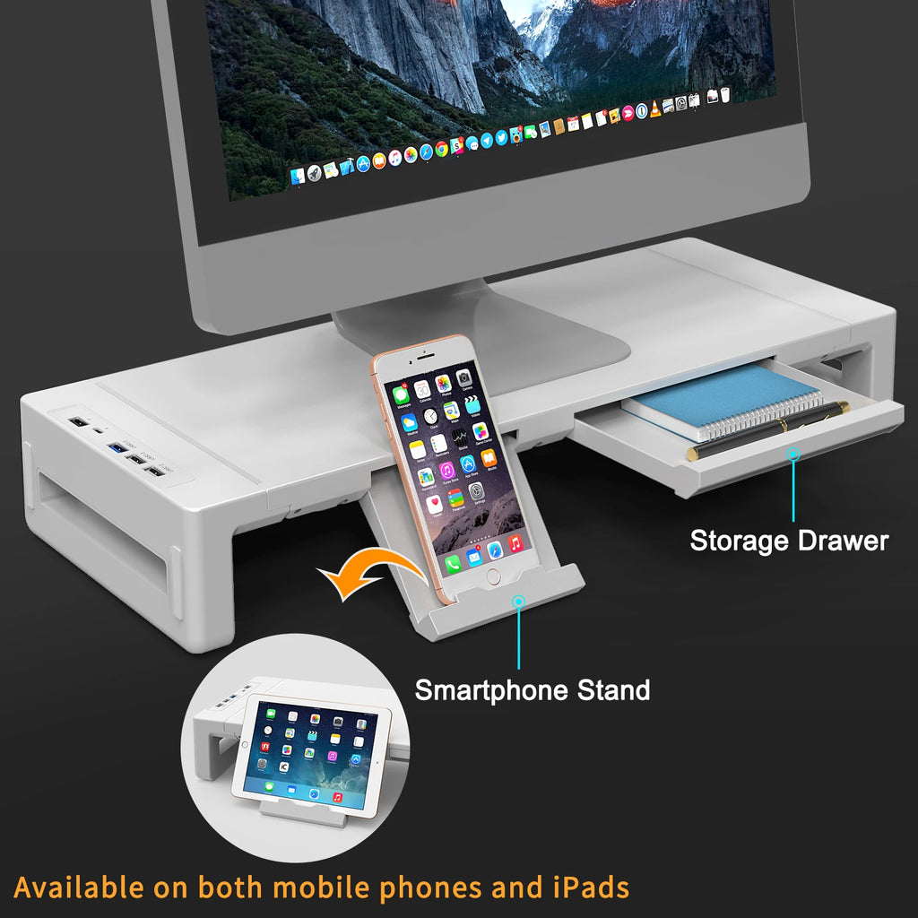 Monitor Stand Riser, With Foldable, Height Adjustable Computer Stand, Desk Shelf Riser with Storage Drawer &Tablet Phone
