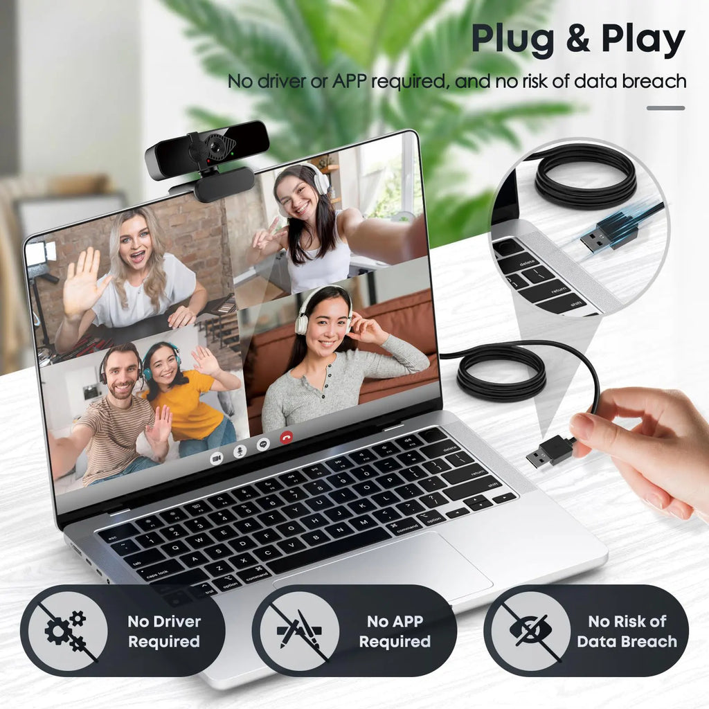 Webcam 4K with Microphone and Webcam Cover Plug and Play with Auto Light Correction Live Streaming Video Call Conference Online