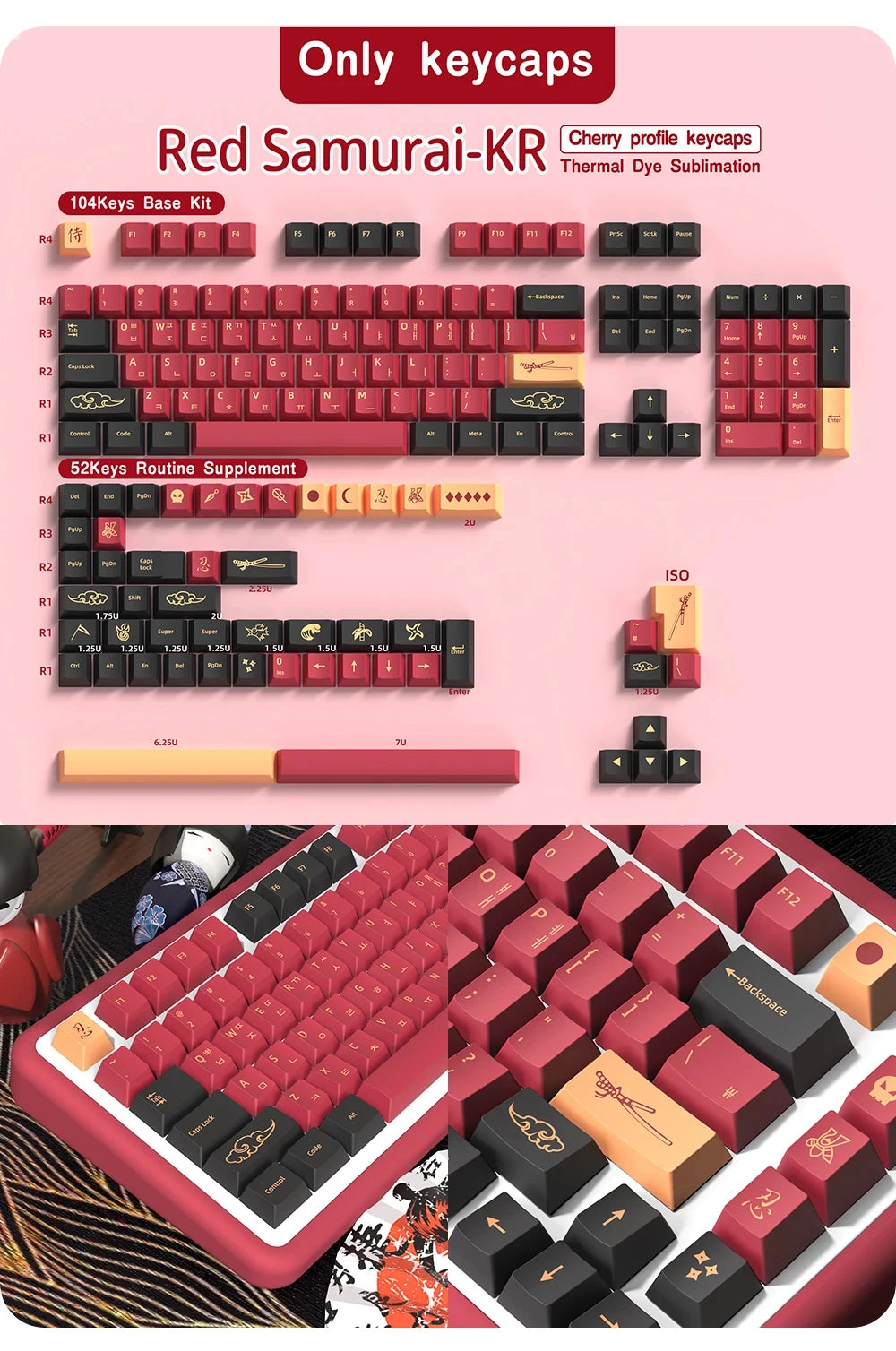 KYOMOT Blue/Red Samurai Japanese/Korean/German/Spanish/French PBT Keycaps ISO Layout Cherry Profile for Game Mechanical Keyboard