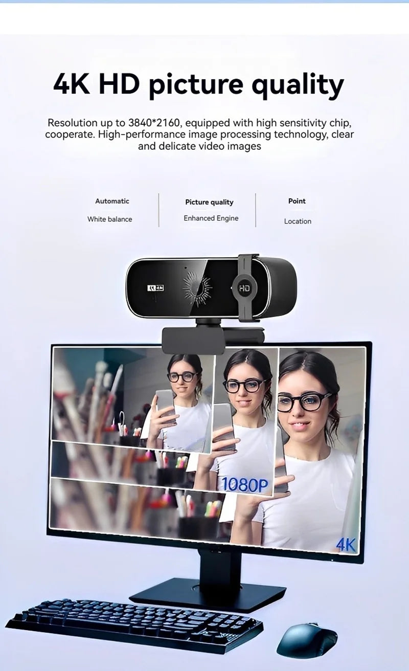 4K Webcam For PC Auto-Zoom,with Remote Control,Privacy Cover Webcam With Microphone Plug & Play For Laptop/Desktop,Video Calling