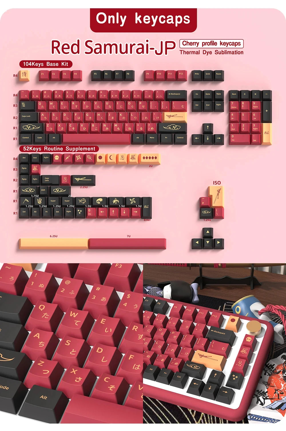 KYOMOT Blue/Red Samurai Japanese/Korean/German/Spanish/French PBT Keycaps ISO Layout Cherry Profile for Game Mechanical Keyboard