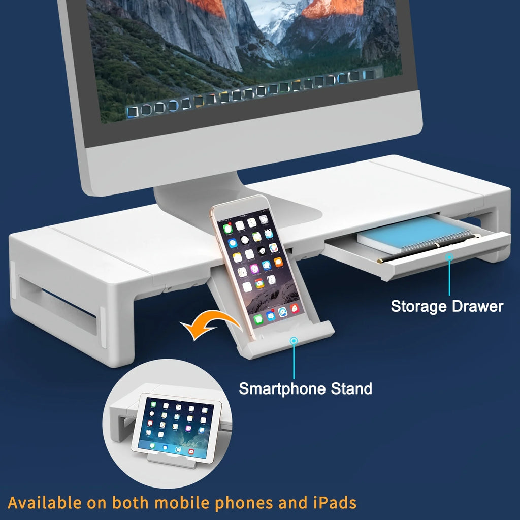 Monitor Stand Riser, With Foldable, Height Adjustable Computer Stand, Desk Shelf Riser with Storage Drawer &Tablet Phone