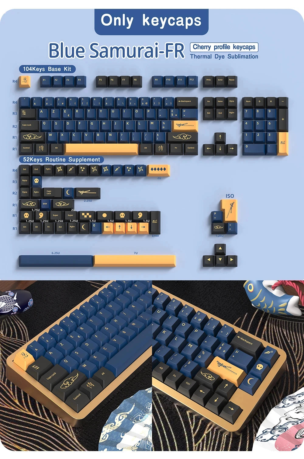 KYOMOT Blue/Red Samurai Japanese/Korean/German/Spanish/French PBT Keycaps ISO Layout Cherry Profile for Game Mechanical Keyboard
