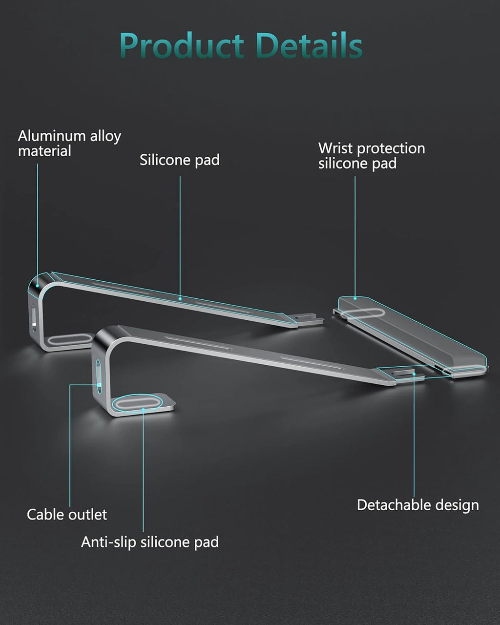 Ergonomische laptopstandaard van aluminiumlegering, draagbare laptopstandaard van aluminium met polssteun.