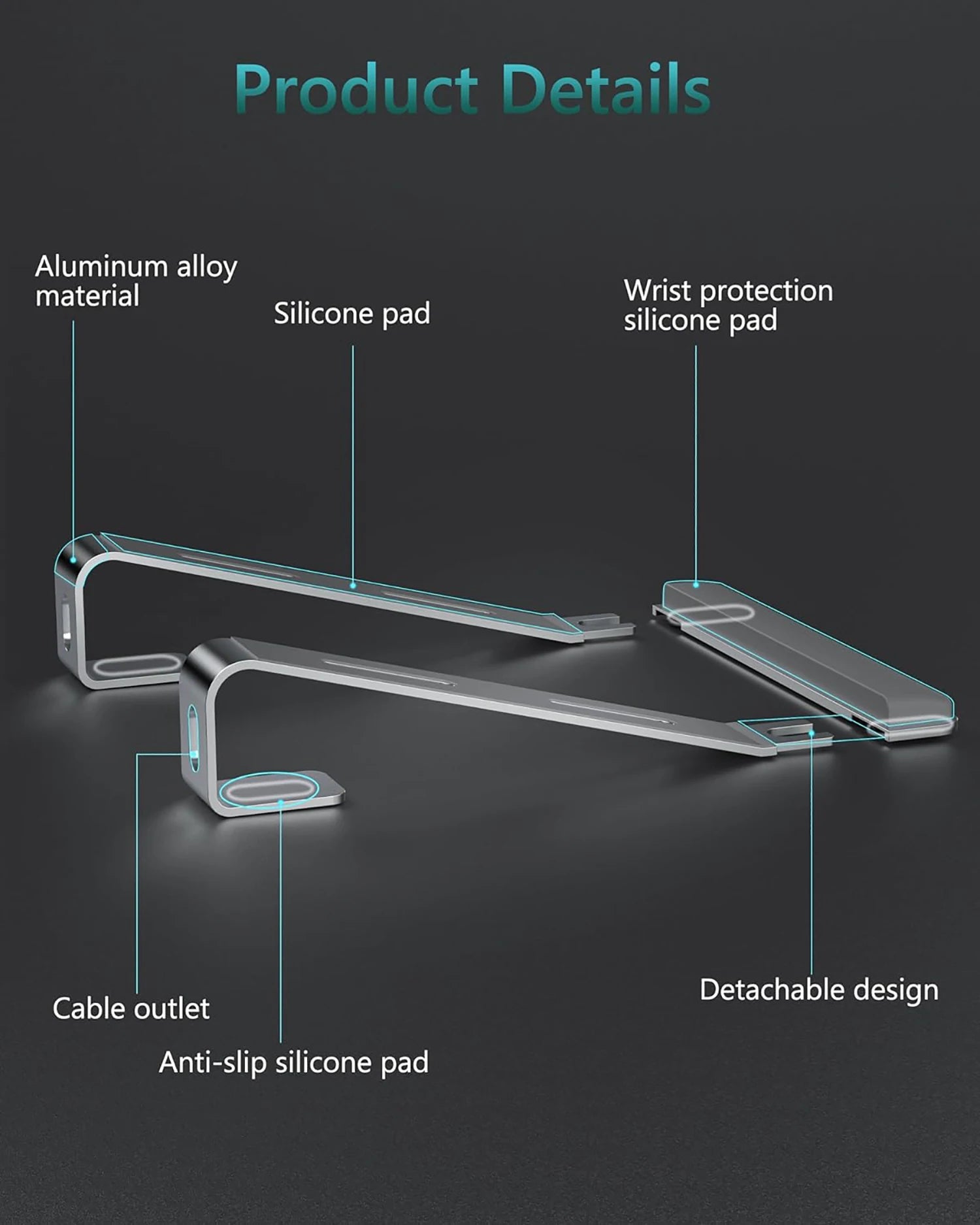 Ergonomische laptopstandaard van aluminiumlegering, draagbare laptopstandaard van aluminium met polssteun.