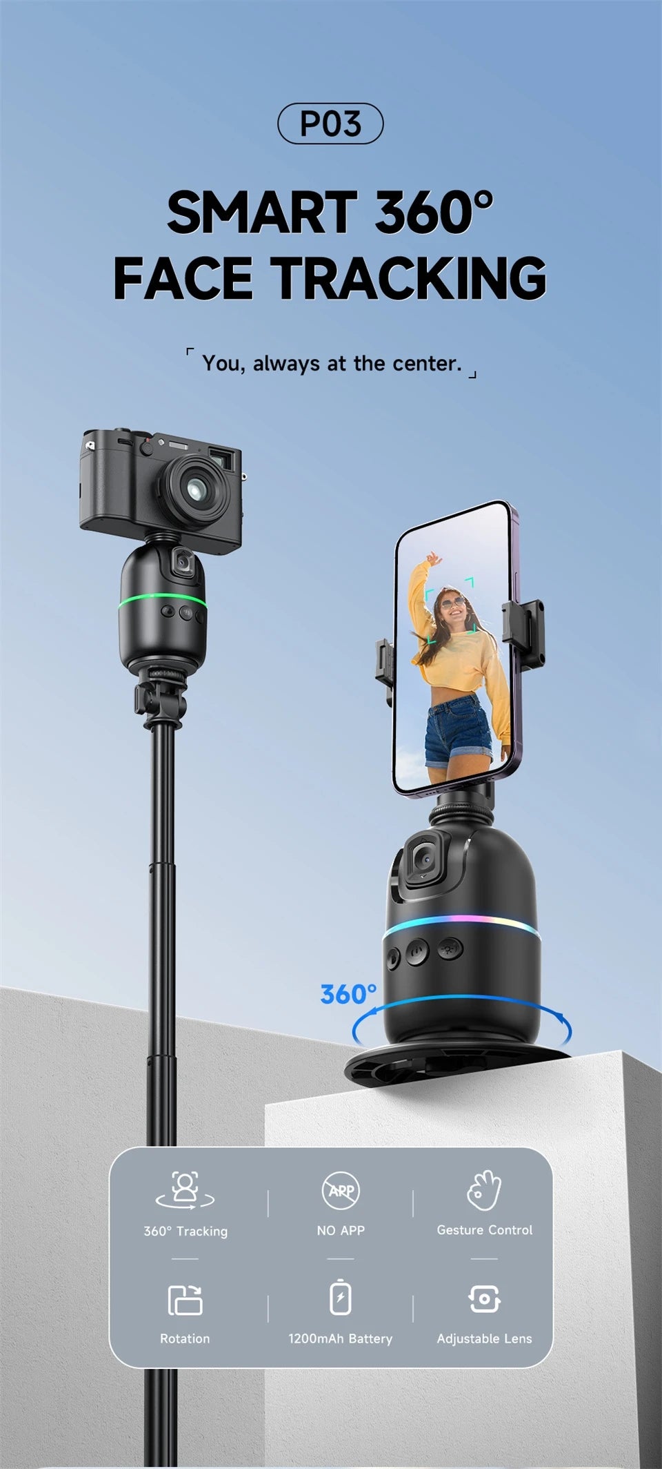 Selfieshow P03 Gimbal Stabilizer 360 Rotation Follow Focus Auto Face Tracking Tripod Desktop Cell Phone Holder for Live/Photo