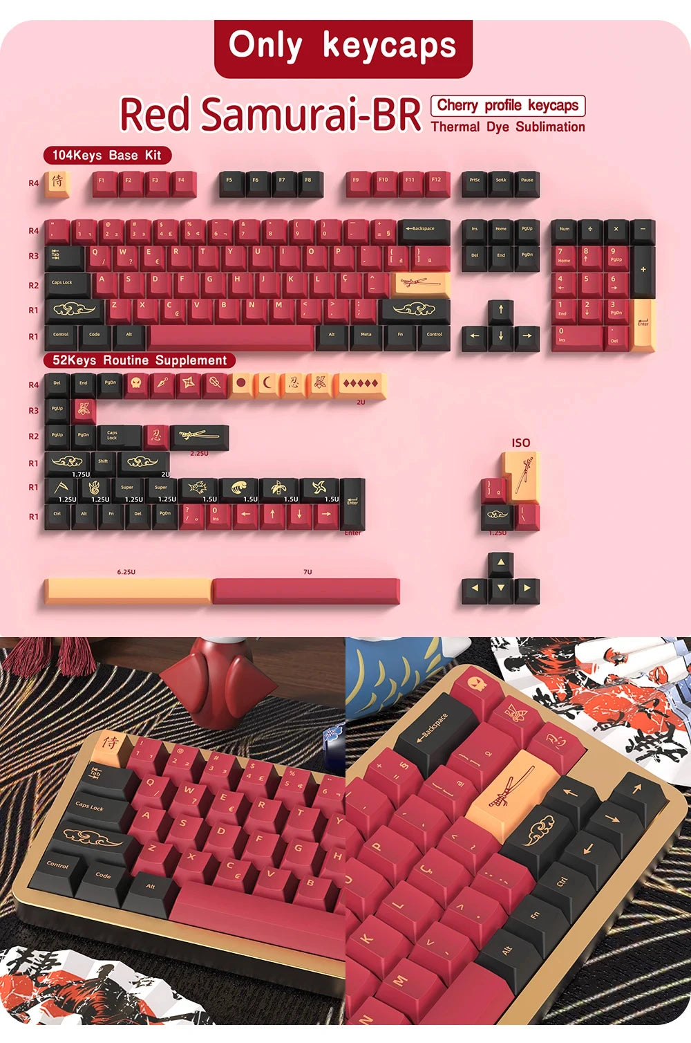 KYOMOT Blue/Red Samurai Japanese/Korean/German/Spanish/French PBT Keycaps ISO Layout Cherry Profile for Game Mechanical Keyboard