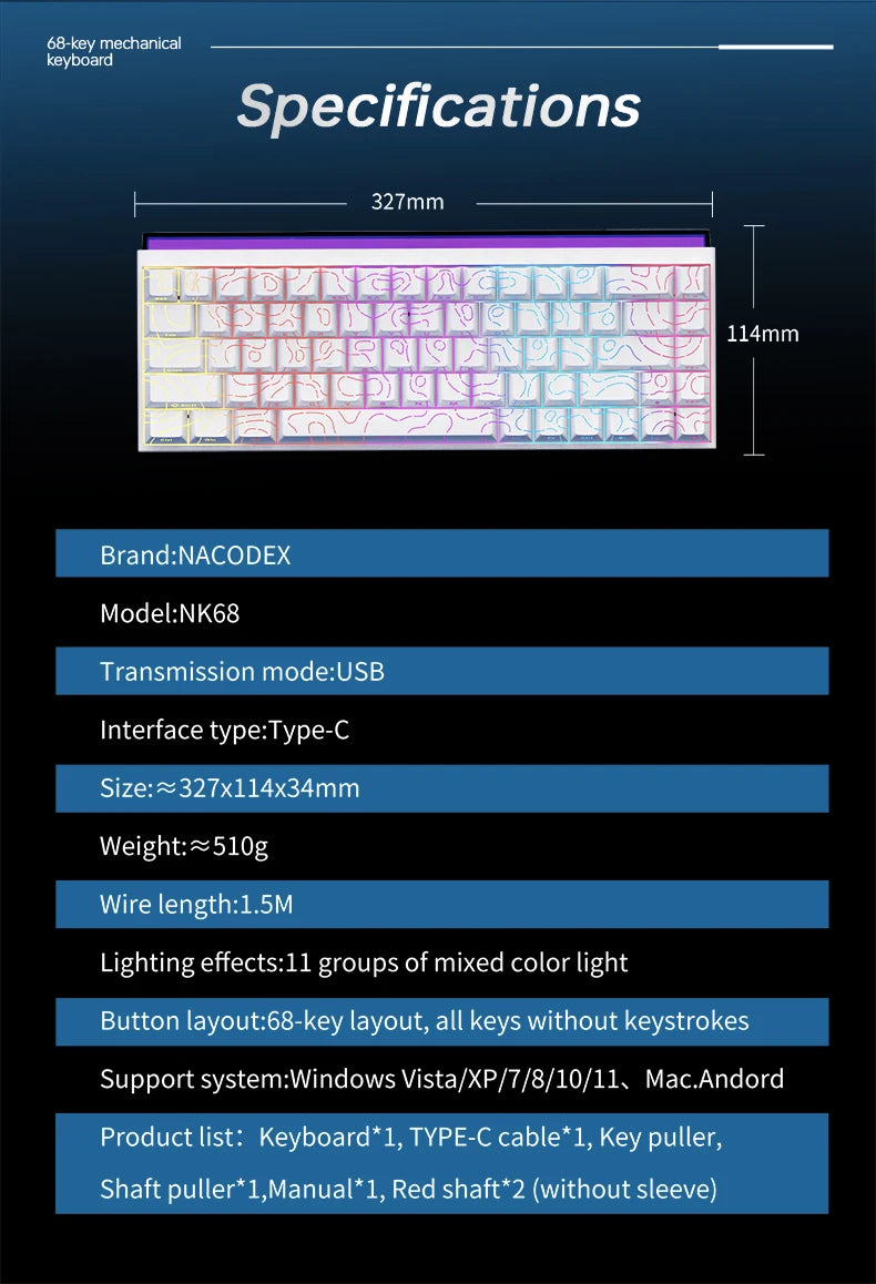 NK68 Side Engraved Contour Wired Mixed Light Mechanical Keyboard Full Keys Hot Swappable