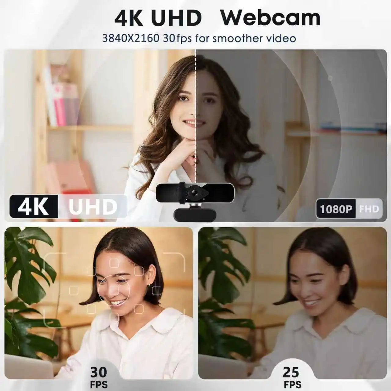 Webcam 4K with Microphone and Webcam Cover Plug and Play with Auto Light Correction Live Streaming Video Call Conference Online