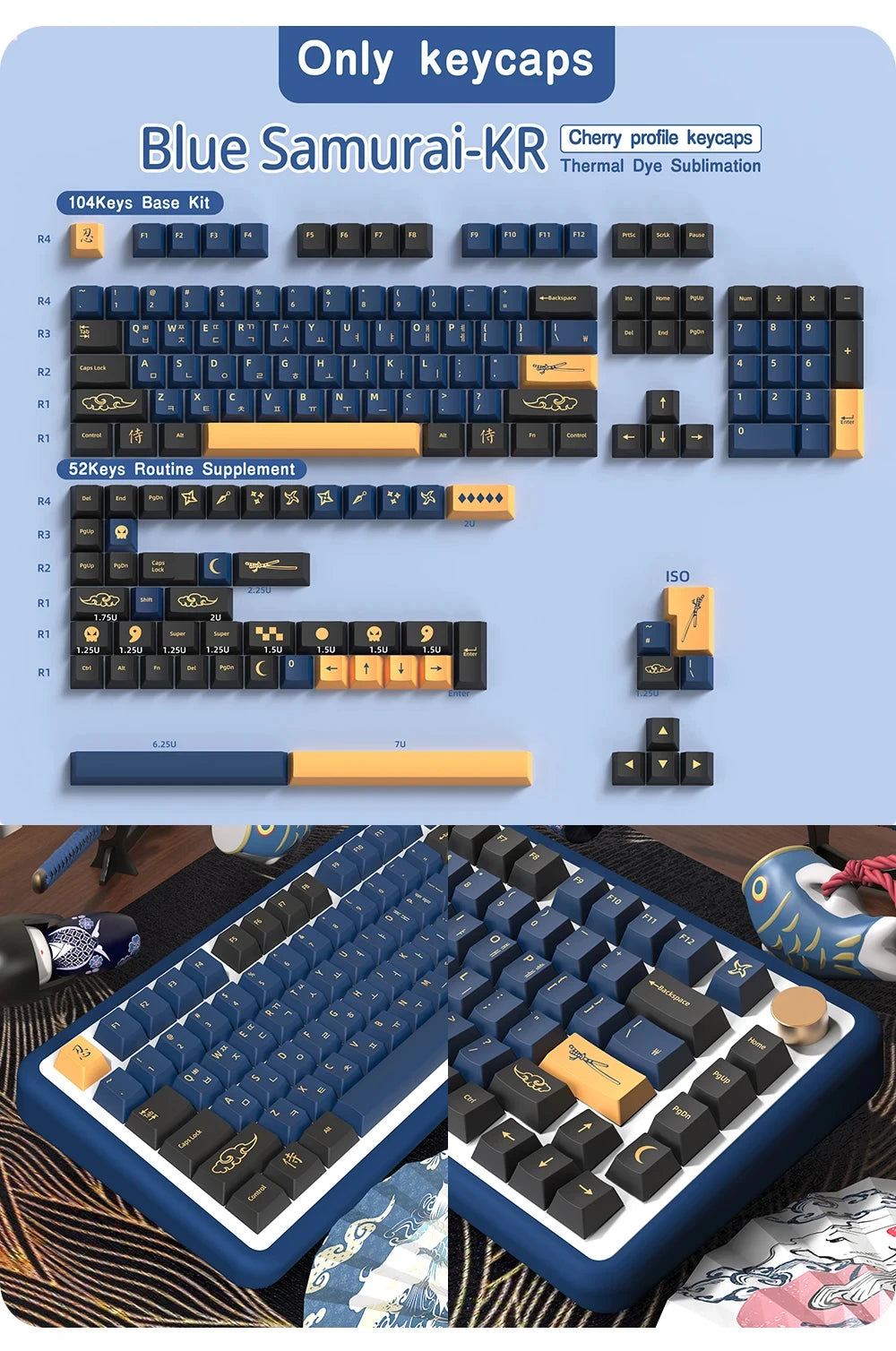 KYOMOT Blue/Red Samurai Japanese/Korean/German/Spanish/French PBT Keycaps ISO Layout Cherry Profile for Game Mechanical Keyboard