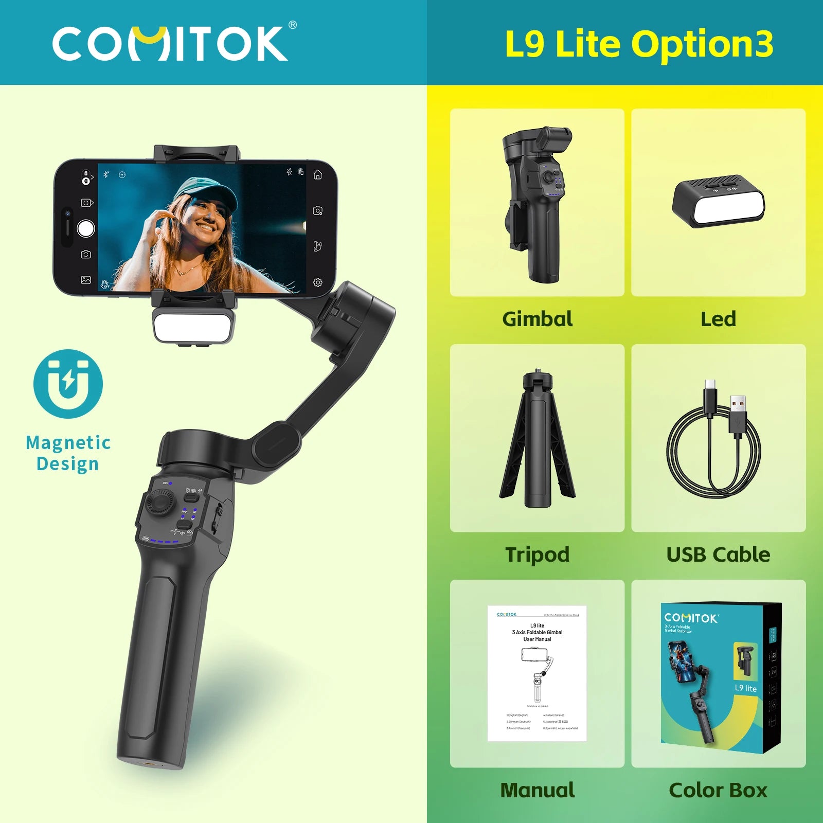 3-Axis Gimbal for Smartphone Anti-shake Stabilizer Face Tracking Gesture Control with Fill Light for iPhone Android Tiktok Vlog