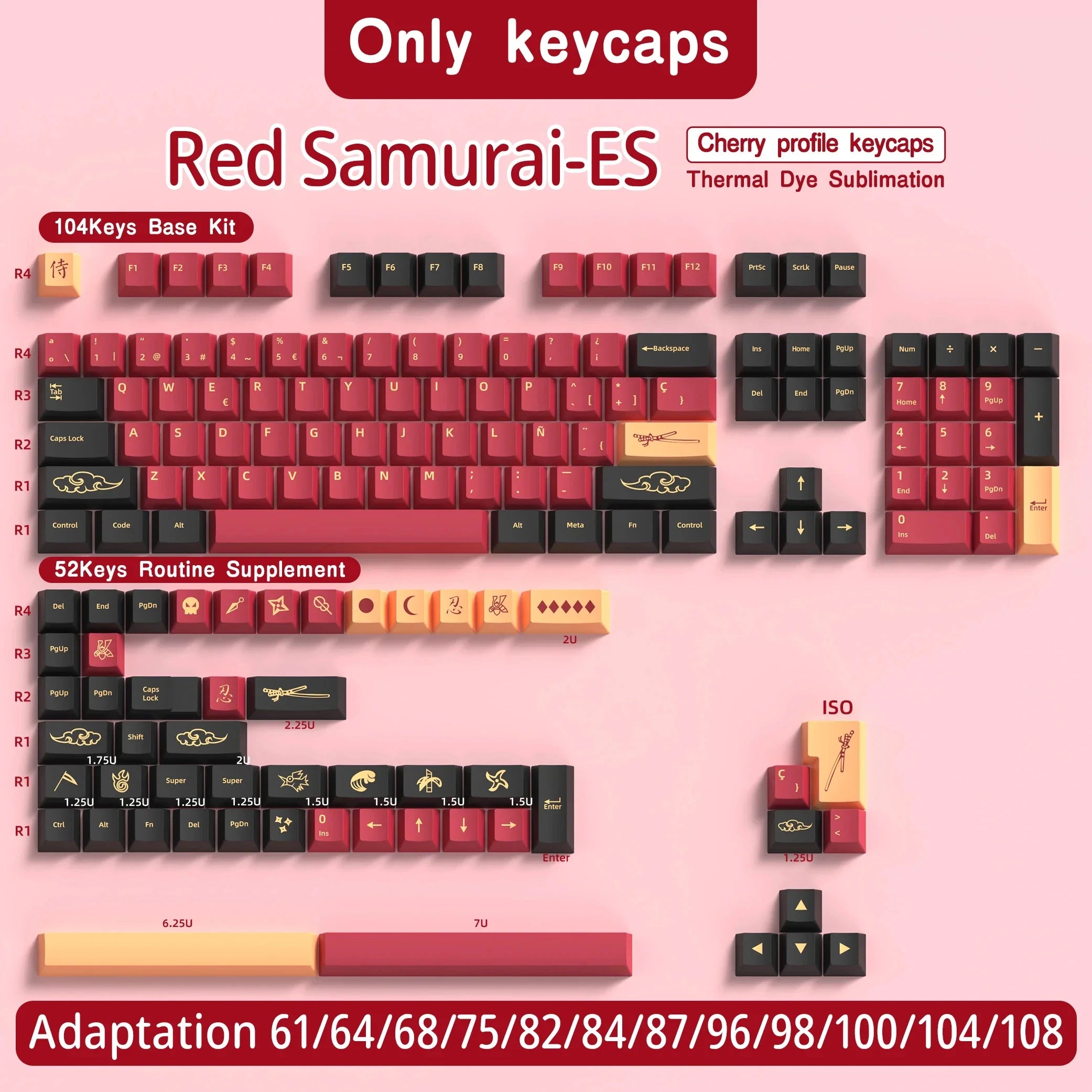 KYOMOT Blue/Red Samurai Japanese/Korean/German/Spanish/French PBT Keycaps ISO Layout Cherry Profile for Game Mechanical Keyboard