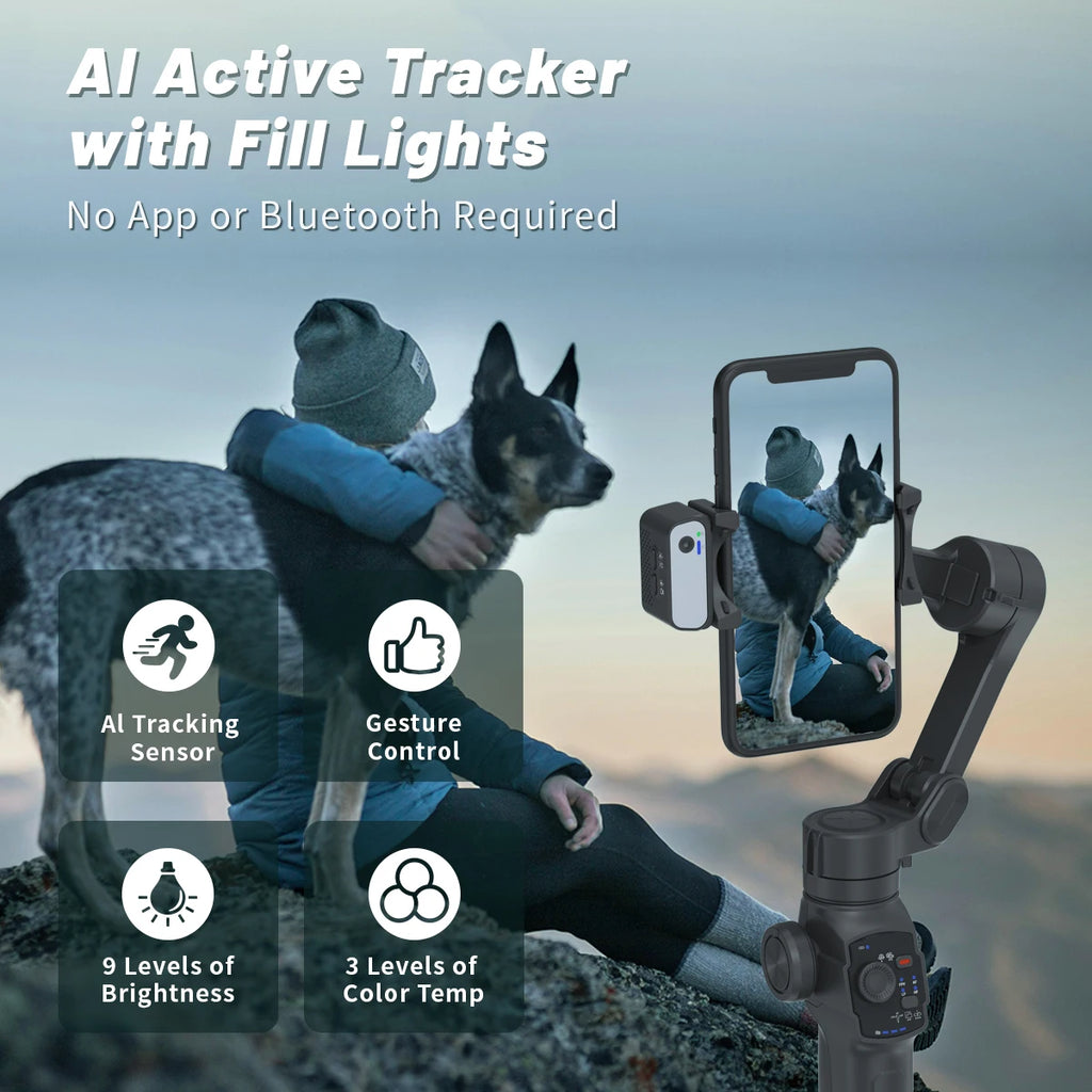 3-Axis Gimbal for Smartphone Anti-shake Stabilizer Face Tracking Gesture Control with Fill Light for iPhone Android Tiktok Vlog
