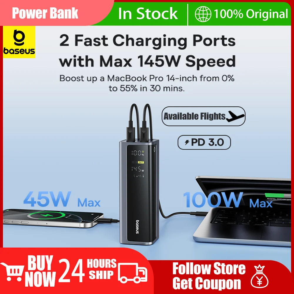 Baseus Power Bank 145W 20800mAh PD 100W Fast Charging  with Smart Digital Display Portable External PowerBank for Laptop Phone