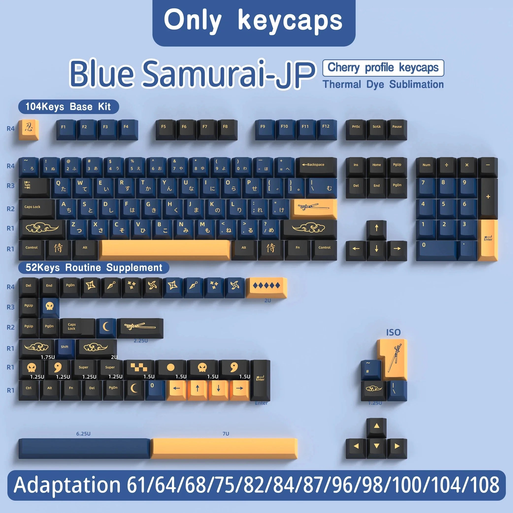 KYOMOT Blue/Red Samurai Japanese/Korean/German/Spanish/French PBT Keycaps ISO Layout Cherry Profile for Game Mechanical Keyboard