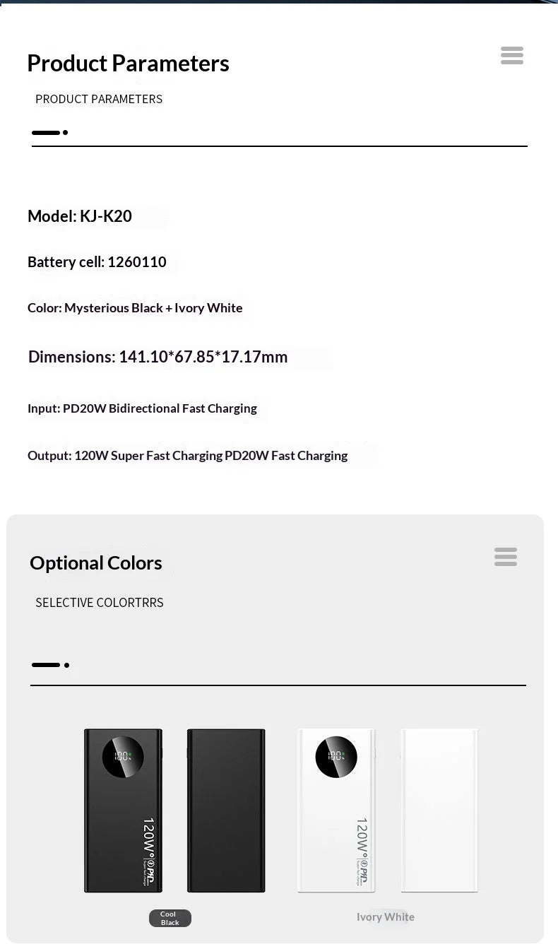120W super fast charging power bank 20000 mAh large capacity two-way fast charging digital display power bank Lithium Battery