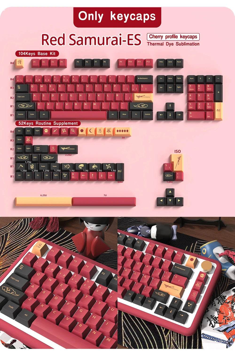 KYOMOT Blue/Red Samurai Japanese/Korean/German/Spanish/French PBT Keycaps ISO Layout Cherry Profile for Game Mechanical Keyboard