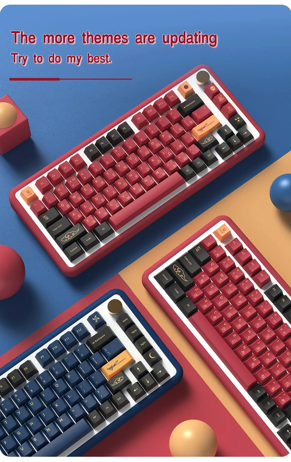 KYOMOT Blue/Red Samurai Japanese/Korean/German/Spanish/French PBT Keycaps ISO Layout Cherry Profile for Game Mechanical Keyboard
