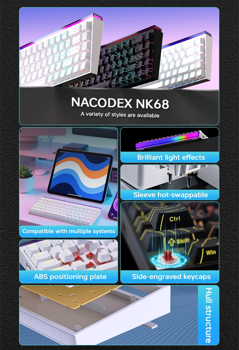 NK68 Side Engraved Contour Wired Mixed Light Mechanical Keyboard Full Keys Hot Swappable