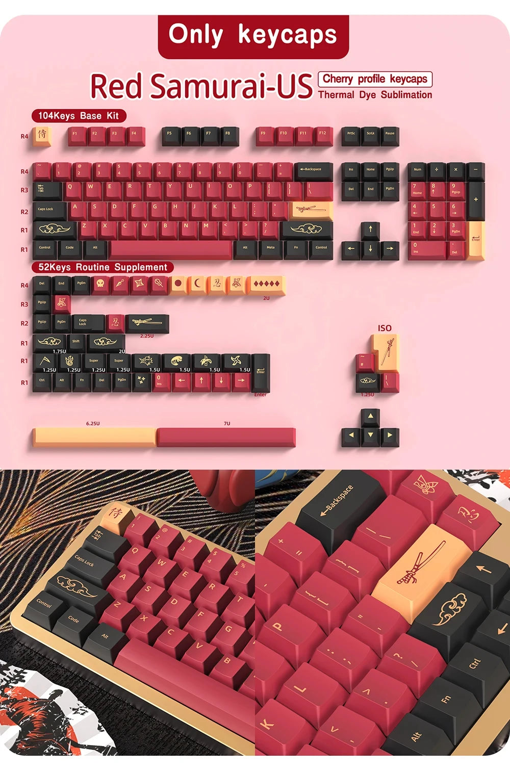 KYOMOT Blue/Red Samurai Japanese/Korean/German/Spanish/French PBT Keycaps ISO Layout Cherry Profile for Game Mechanical Keyboard