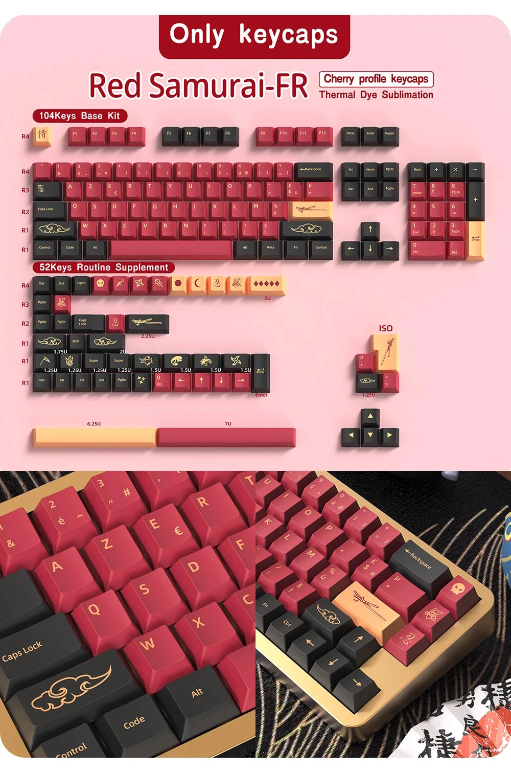 KYOMOT Blue/Red Samurai Japanese/Korean/German/Spanish/French PBT Keycaps ISO Layout Cherry Profile for Game Mechanical Keyboard