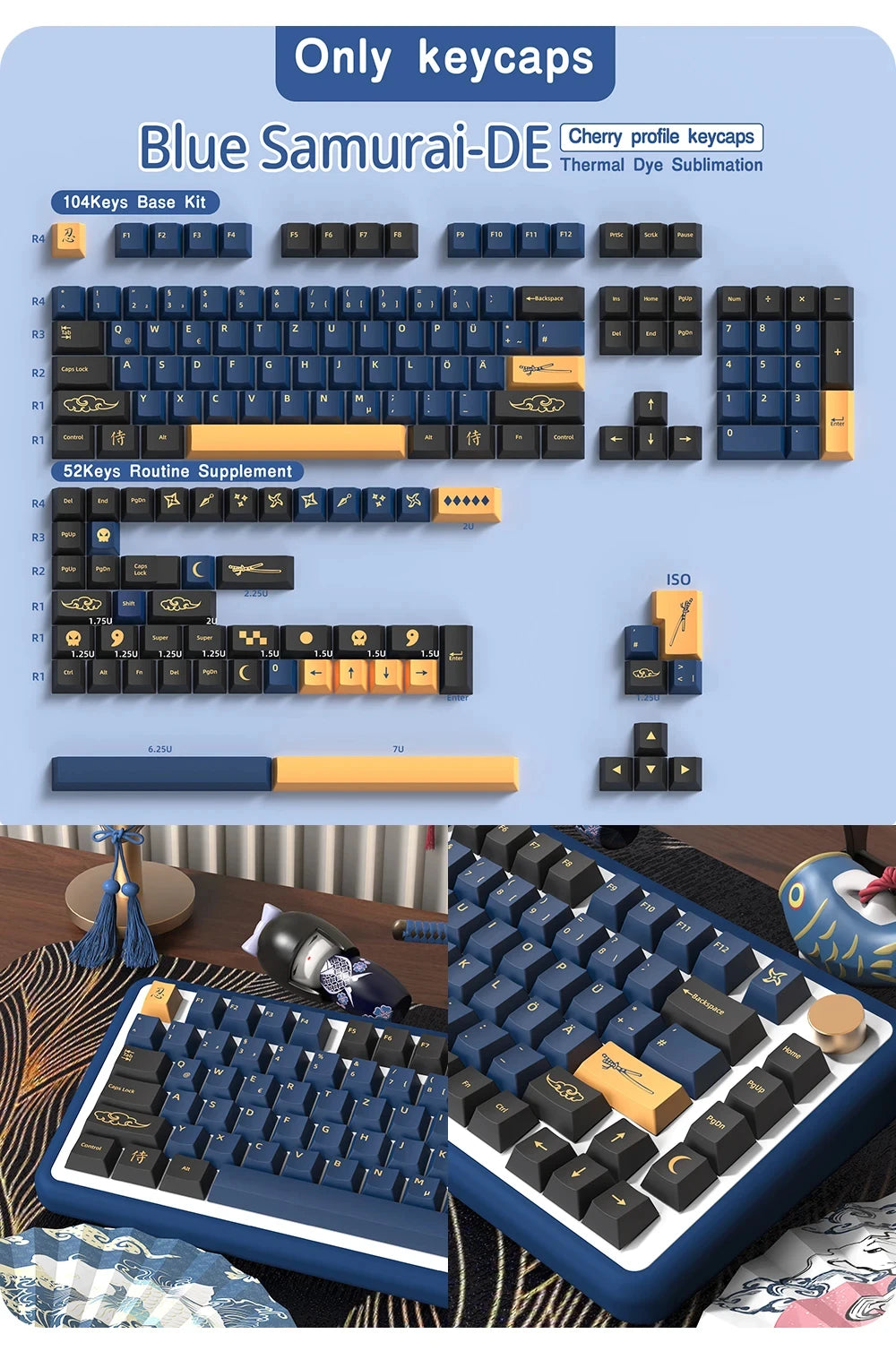 KYOMOT Blue/Red Samurai Japanese/Korean/German/Spanish/French PBT Keycaps ISO Layout Cherry Profile for Game Mechanical Keyboard
