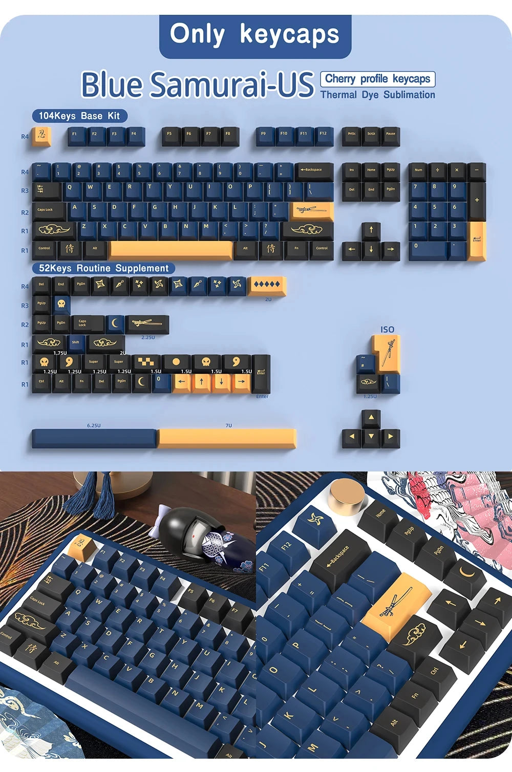 KYOMOT Blue/Red Samurai Japanese/Korean/German/Spanish/French PBT Keycaps ISO Layout Cherry Profile for Game Mechanical Keyboard