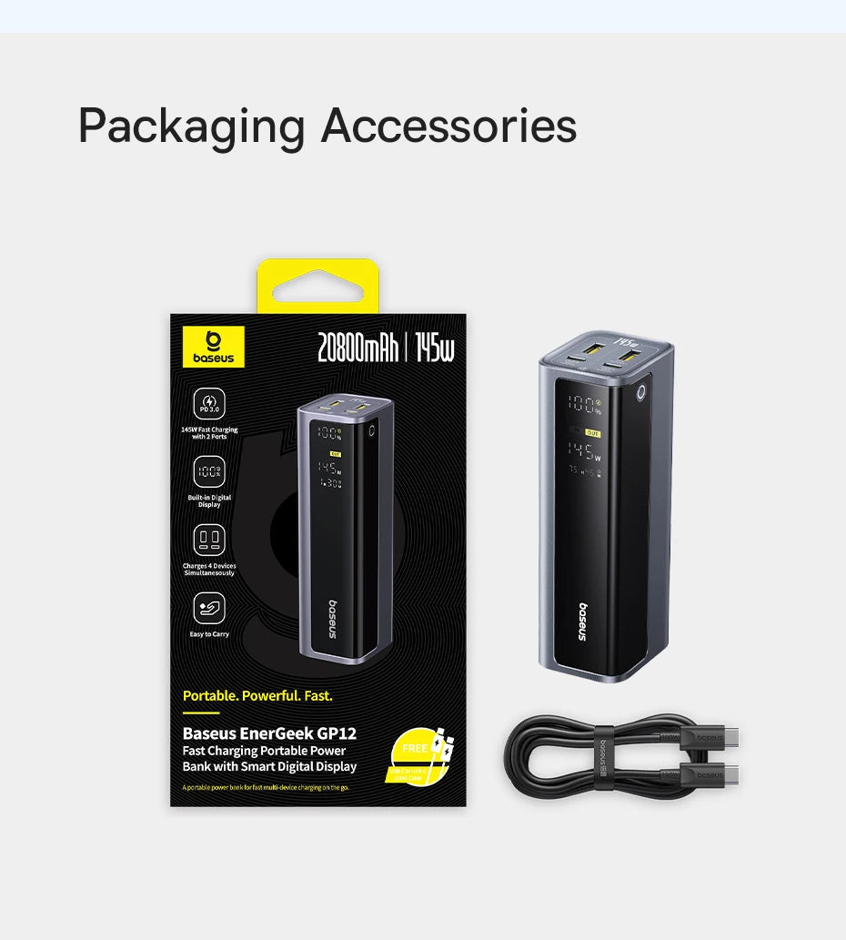 Baseus Power Bank 145W 20800mAh PD 100W Fast Charging  with Smart Digital Display Portable External PowerBank for Laptop Phone